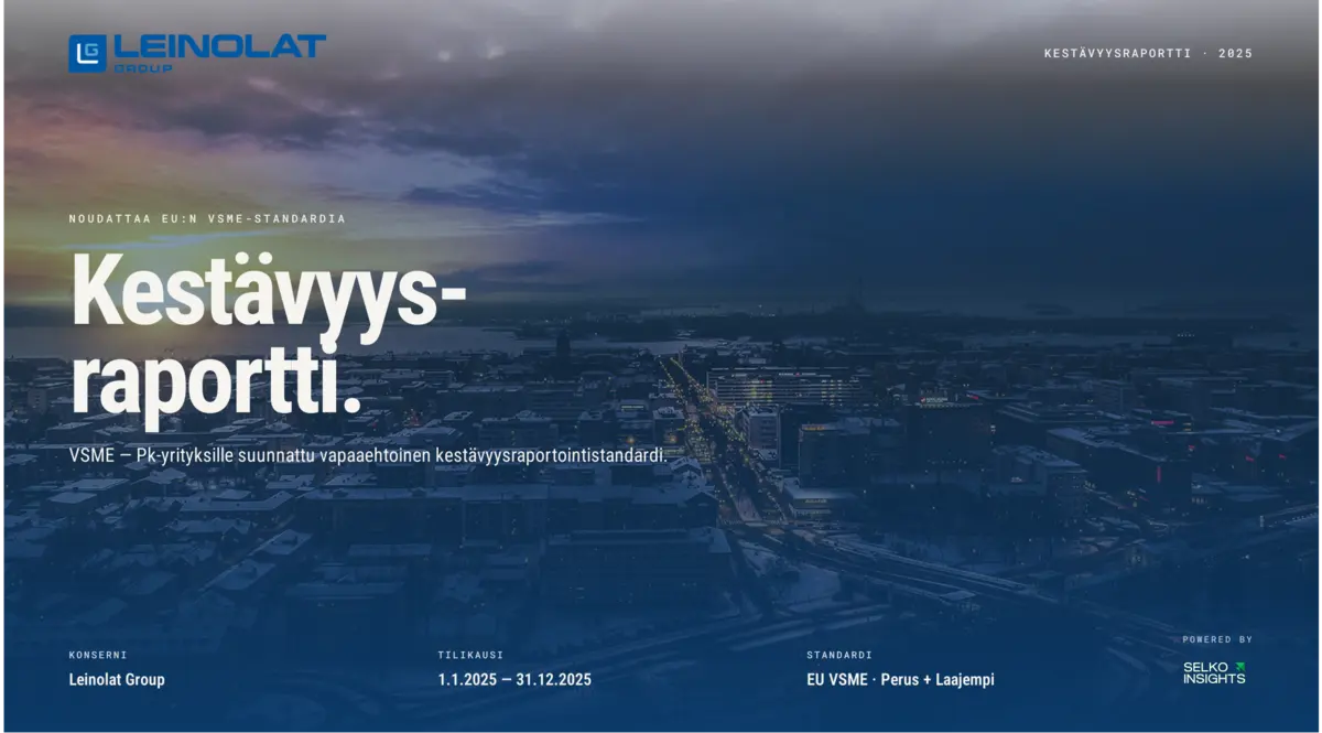 Yrityksen Leinolat Group kestävyysraportin kansi